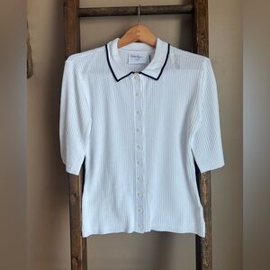 Walter Hagen White Ribbed Button-Down Golf Polo Sweater NWT